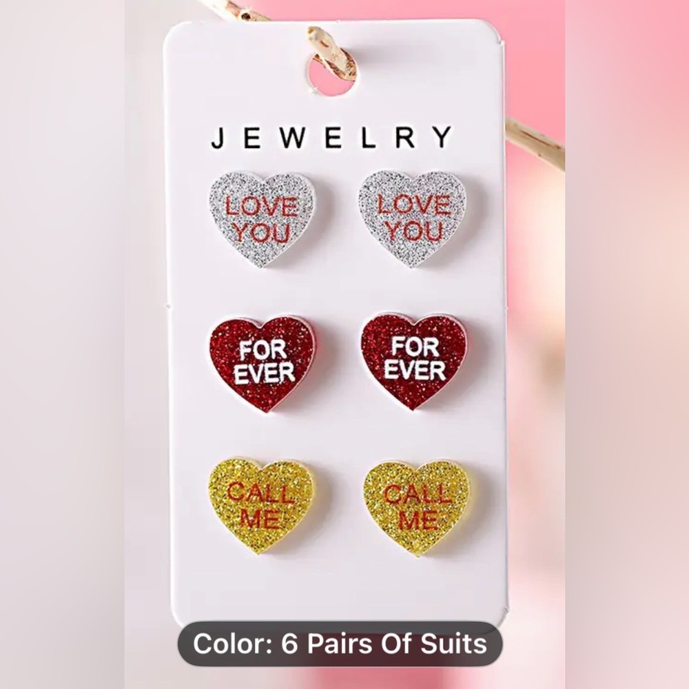 Heart-Shaped Glitter Earrings Set - Red, Pink, Purple
